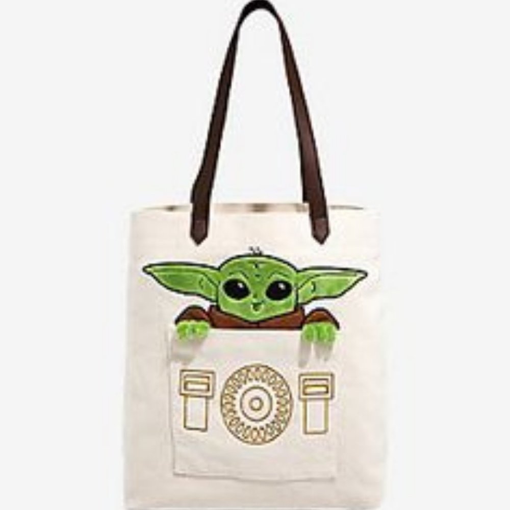 Loungefly Cream Tote Bag with Green Baby Yoda and Brown Straps
